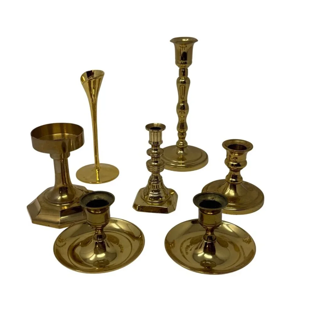 Set of 7 Mismatched Vintage Brass Candlestick Holders Gold Candle Holders Decor